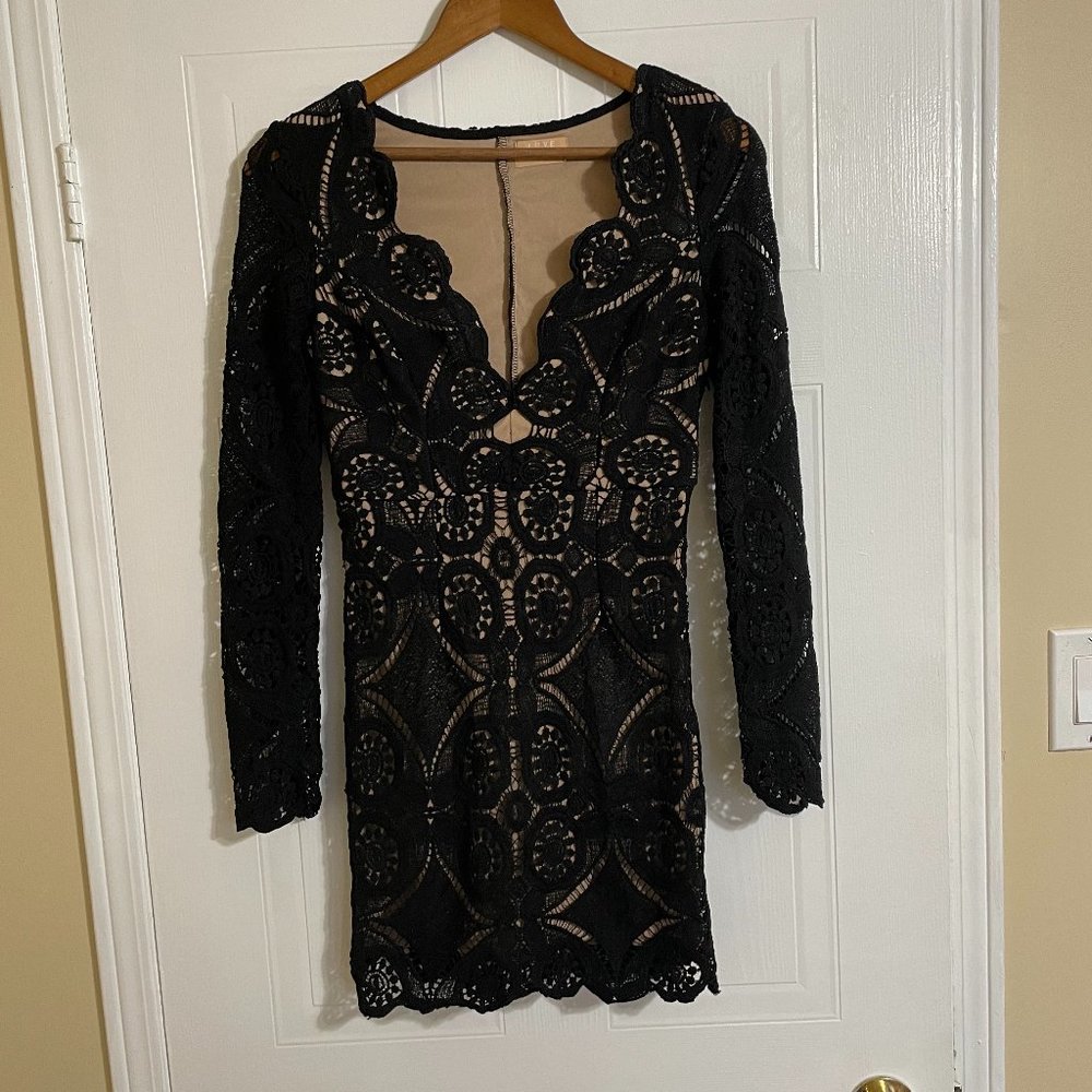 Love Triangle Black Lace Long Sleeve V-Neck Mini Dress
